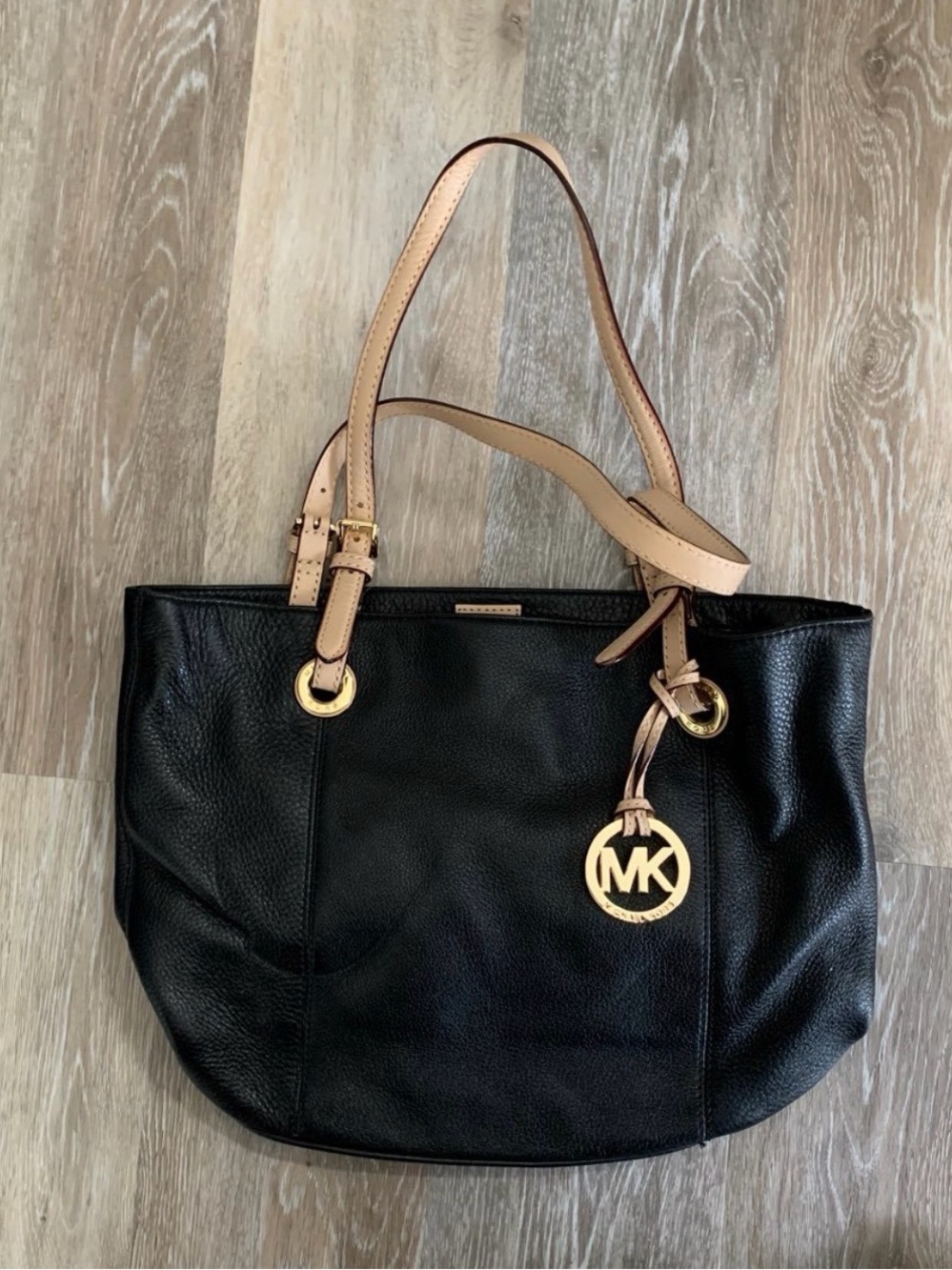 Michael Kors Black Pebbled Leather Tote with Tan Straps